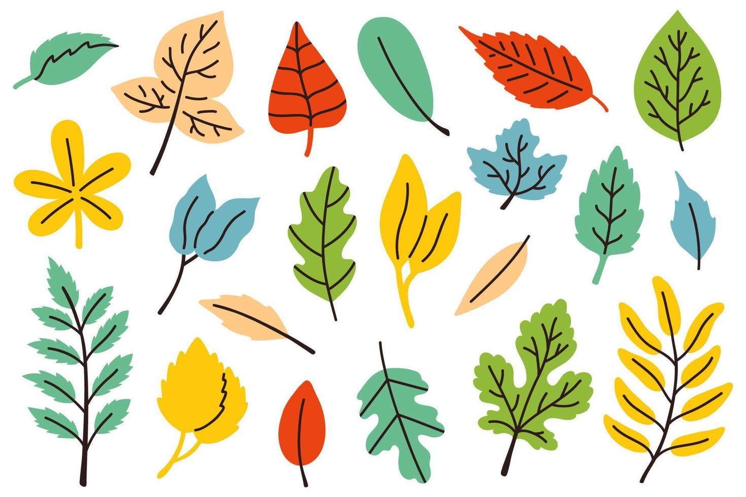 set of doodle colored autumn leaves vector