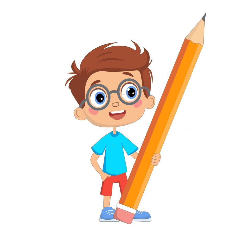 Young boy holding a big pencil. Vector illustration