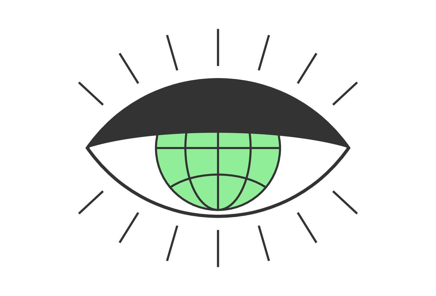 Retro open eye with planet Earth. Psychedelic groovy hippie style bizarre design. Vintage hippy crazy funky globe pupil sticker. Abstract 60s, 70s, 80s trendy y2k. Trippy pop art vector illustration