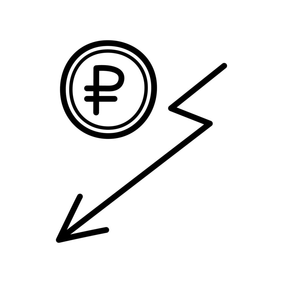 Russian ruble. Currency fall. Financial and economy concept. Hand drawn sketch icon of coin with the ruble symbol and arrow to down. Isolated vector illustration in doodle line style.
