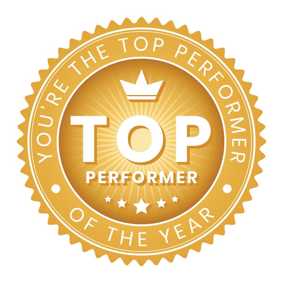 top performers badge, rubber, top performer stamp, seal, label, button, best result badge vector illustration for success in business and games with grunge texture