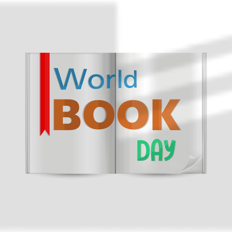 World book day poster. Book on the table exposed to the sun's shadow from the window. Vector illustration