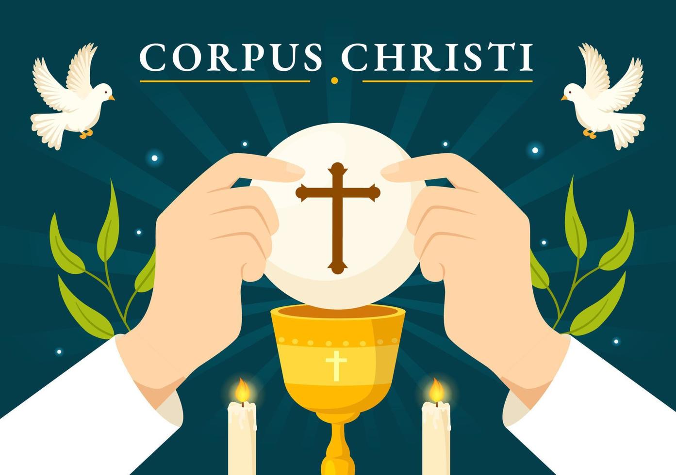 cuerpo christi católico religioso fiesta vector ilustración con banquete día, cruz, un pan y uvas en plano dibujos animados mano dibujado póster plantillas