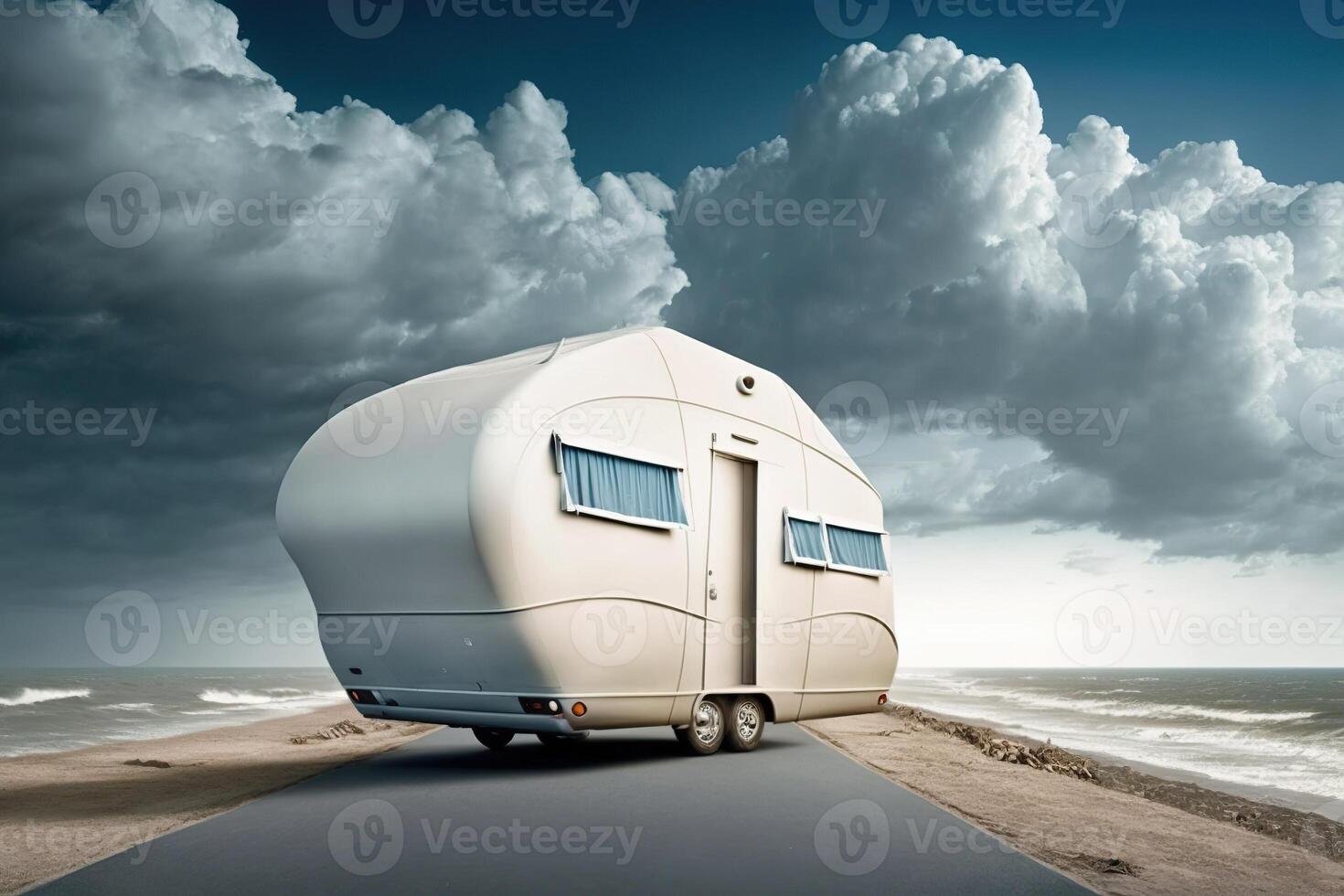 Future caravan in desert highway, photo