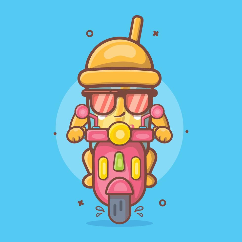 frio burbuja té bebida personaje mascota montando scooter motocicleta aislado dibujos animados en plano estilo diseño vector