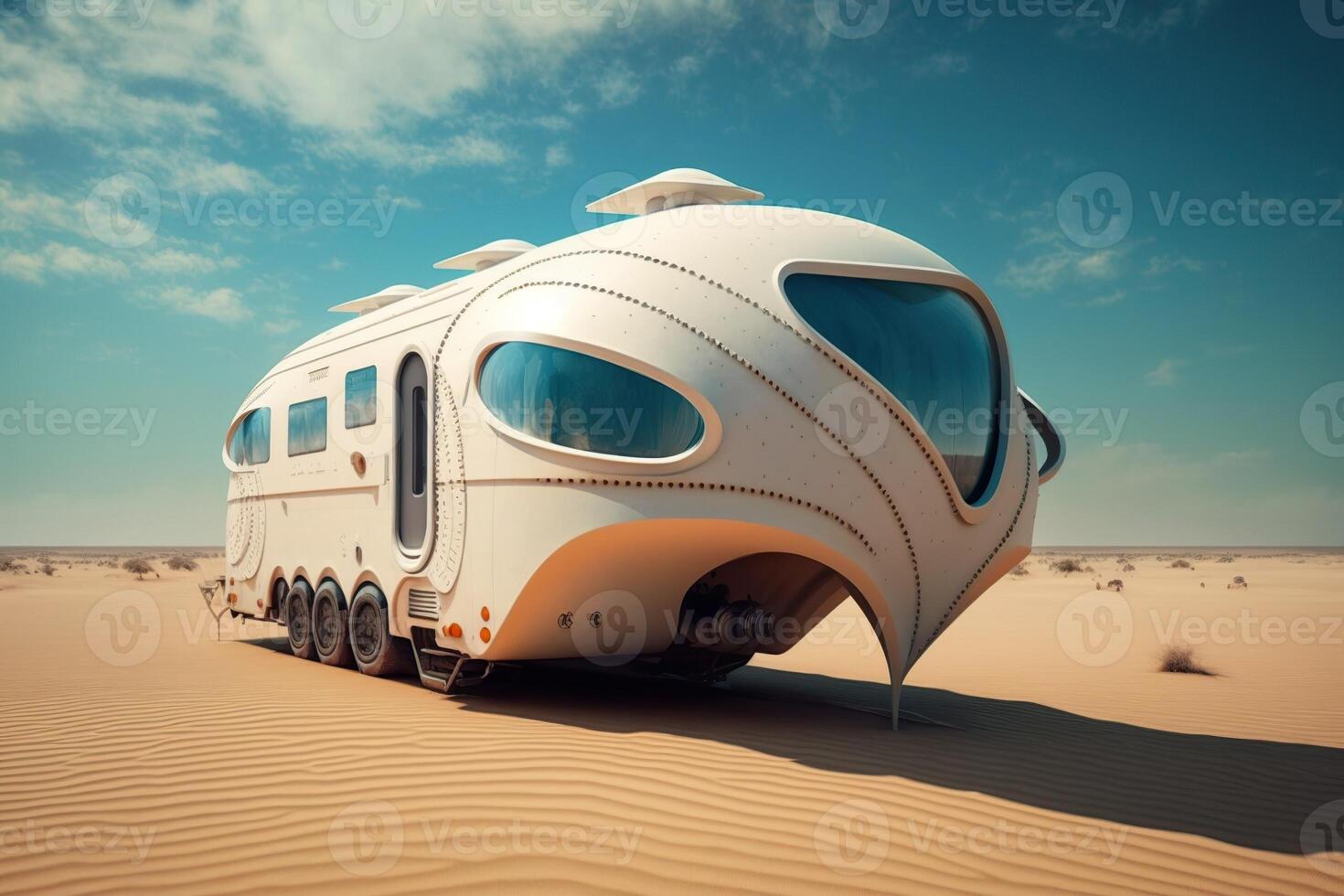 Futuristic caravan in desert, photo