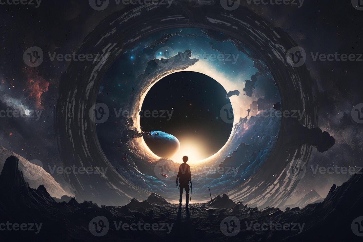 illustration of a black hole with a little man in front of it, photo