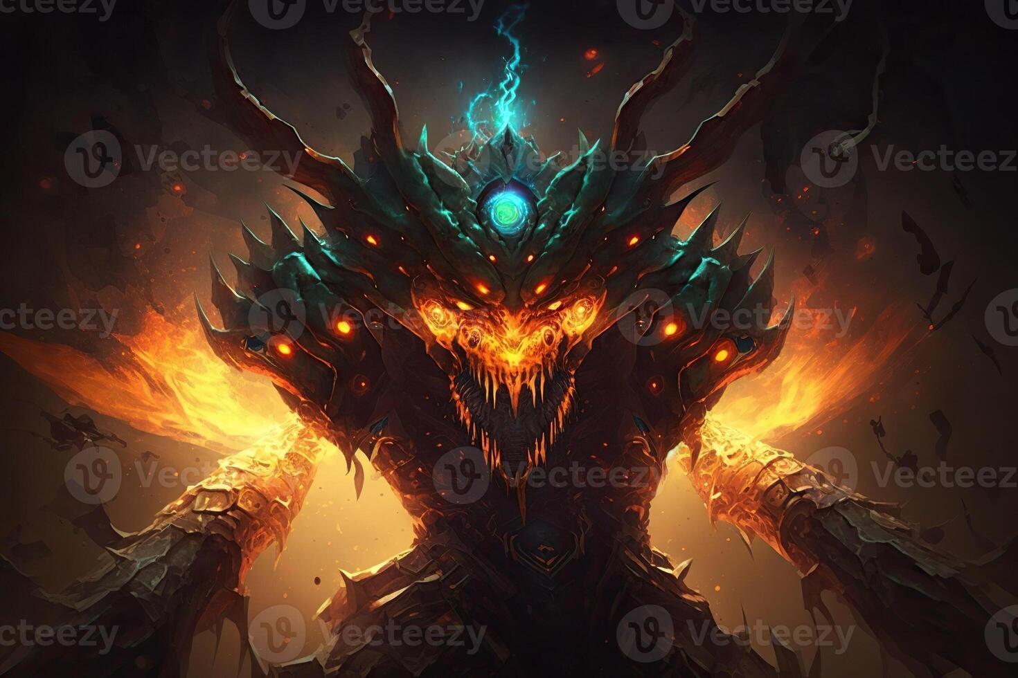 blazing scary demon in the space, flames in background, illustration, photo