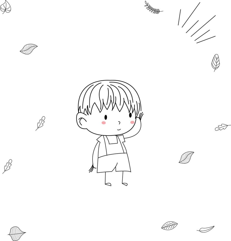simple and cute illustration of a kid in line art style holding a fork for farming vector