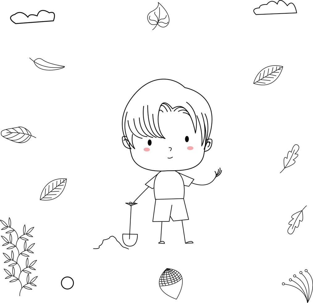 simple and cute kid illustration in line art style making a dig to plant plants vector