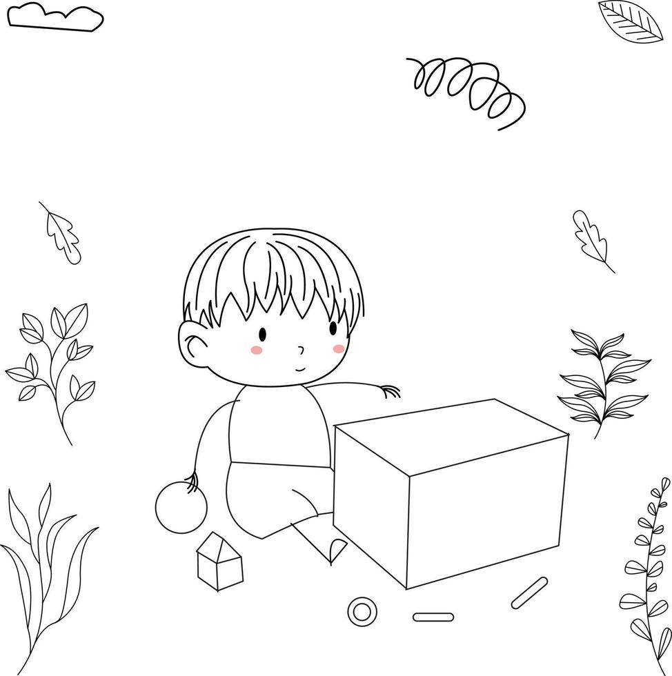 simple and cute kid illustration in line art style playing with a box vector