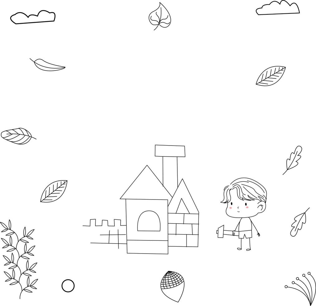 simple and cute kid illustration in line art style playing building a house vector