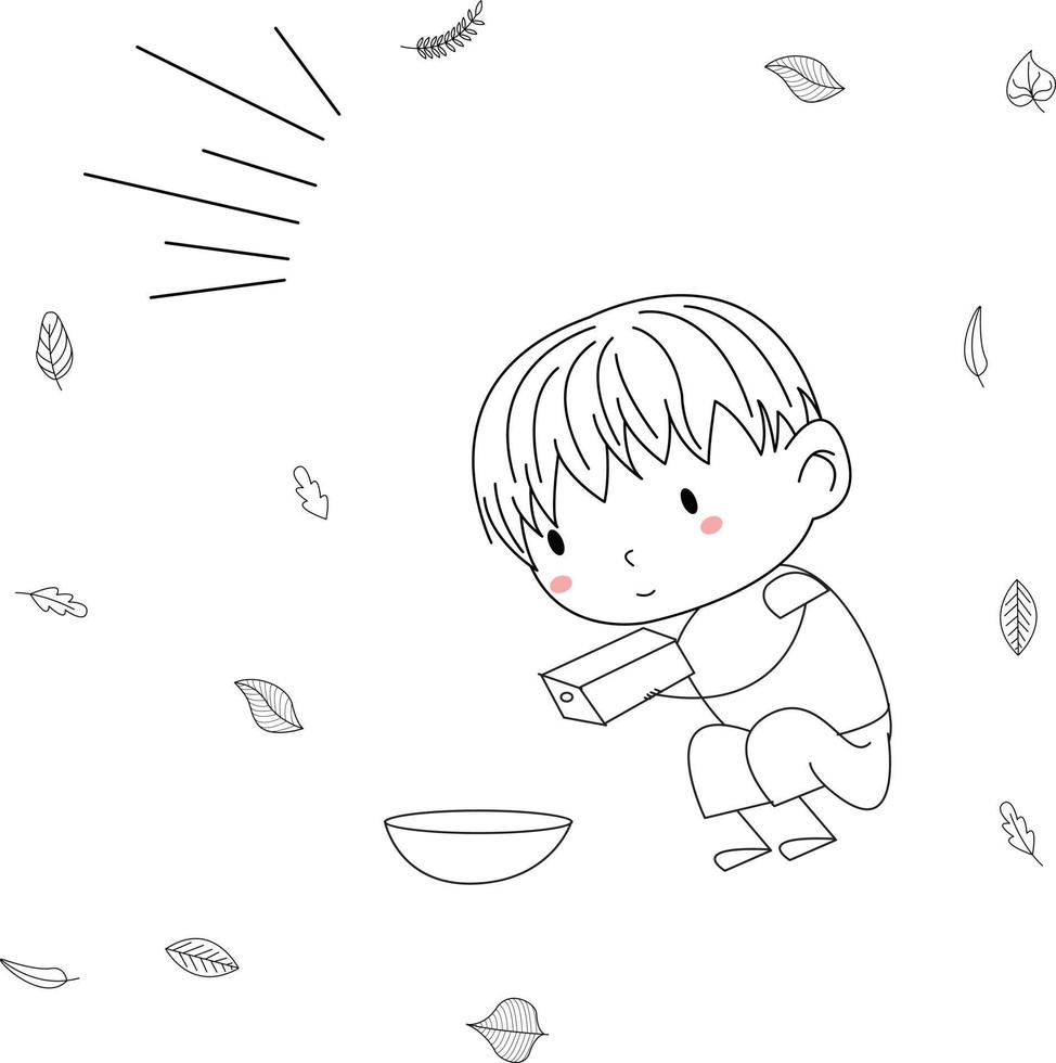 simple and cute illustration of a child in line art style pouring milk into a bowl vector