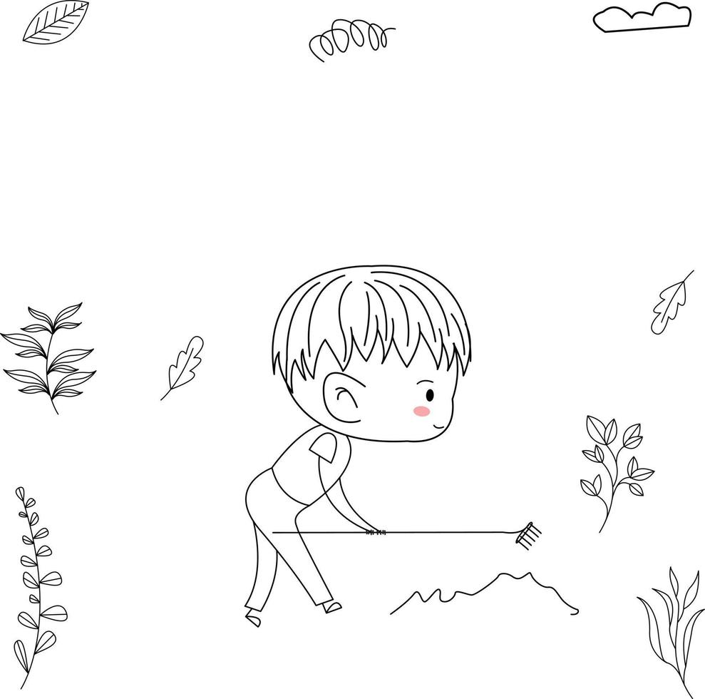 sencillo y linda ilustración de un niño en línea Arte estilo claro un campo con un tenedor vector