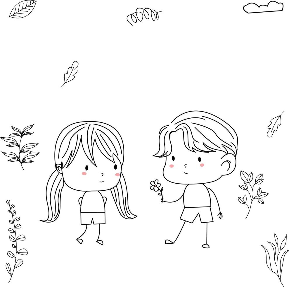 a simple and cute illustration of a child in line art style giving flowers to a girl vector