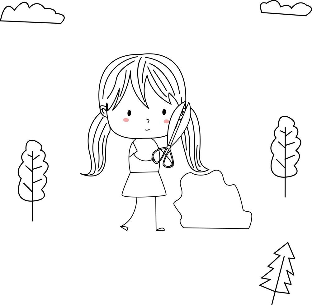 simple and cute illustration of a child in line art style tidying up plants with scissors vector