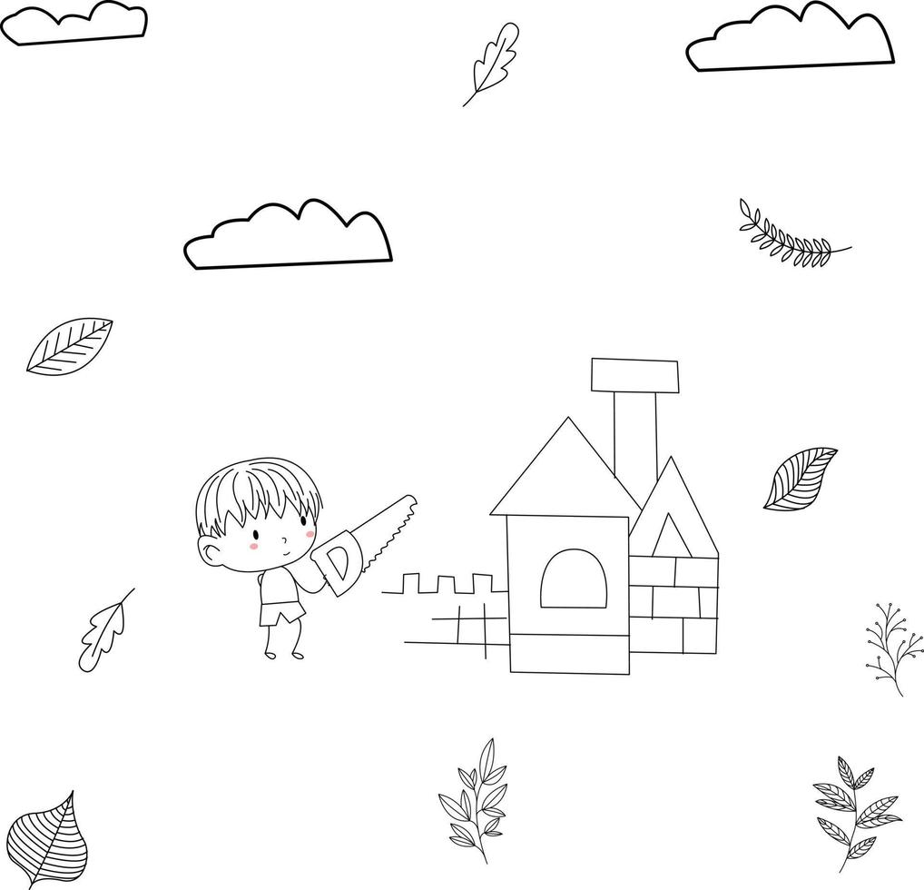 simple and cute kid illustration in line art style playing building a house vector