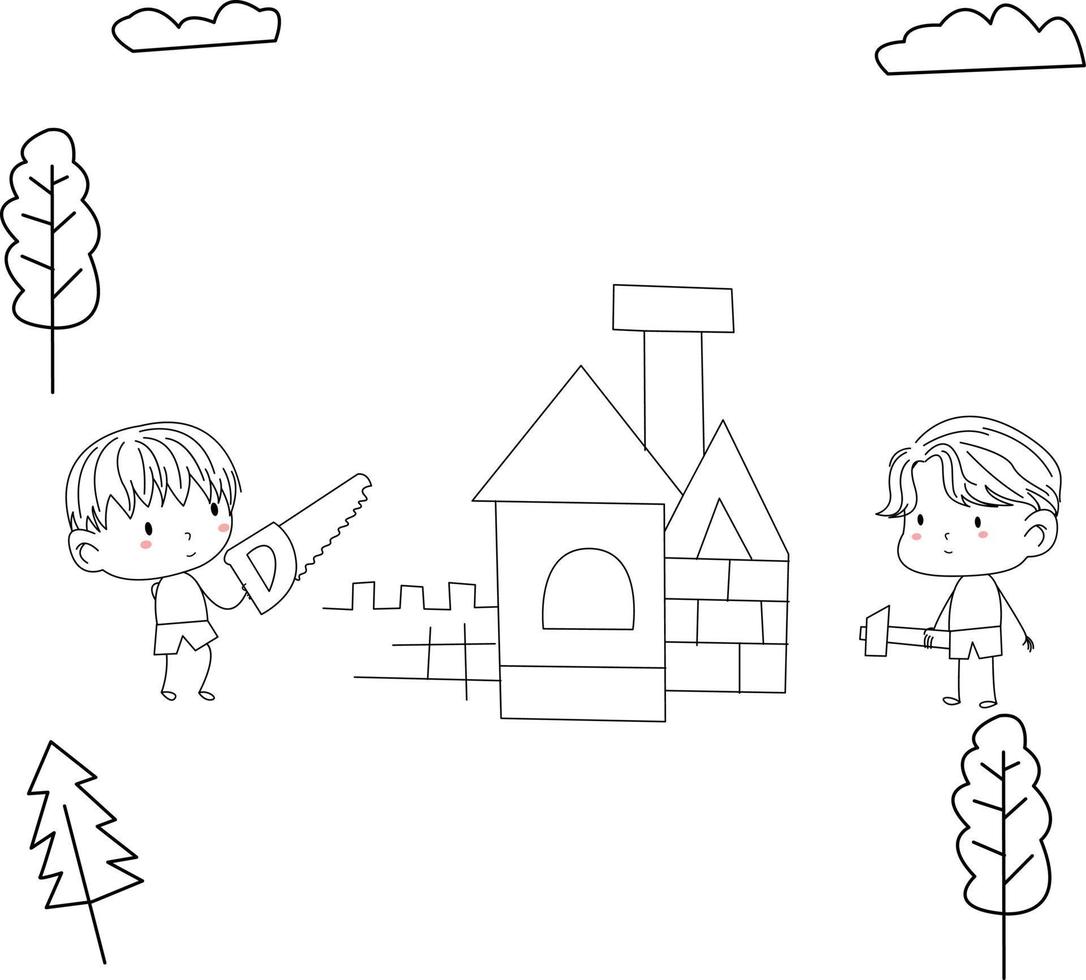 simple and cute kid illustration in line art style playing building a house vector