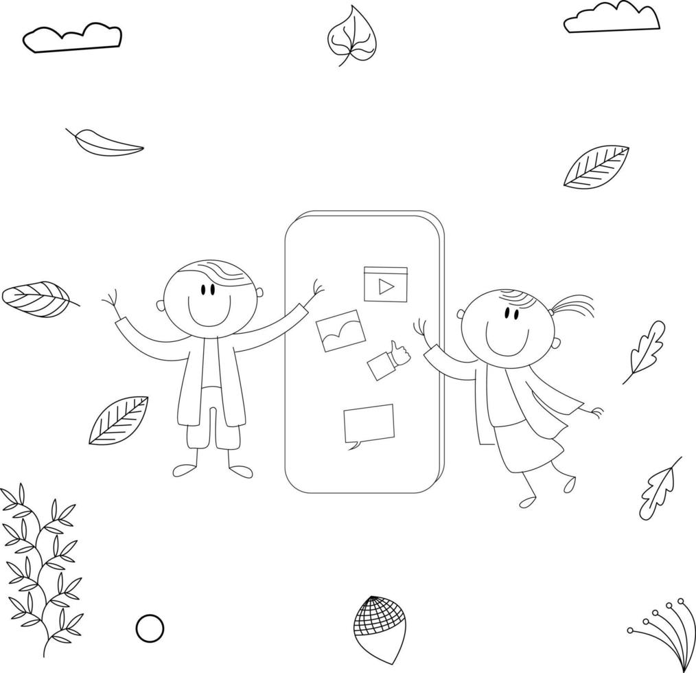 simple and cute kid illustration in line art style is presenting with a gadget vector