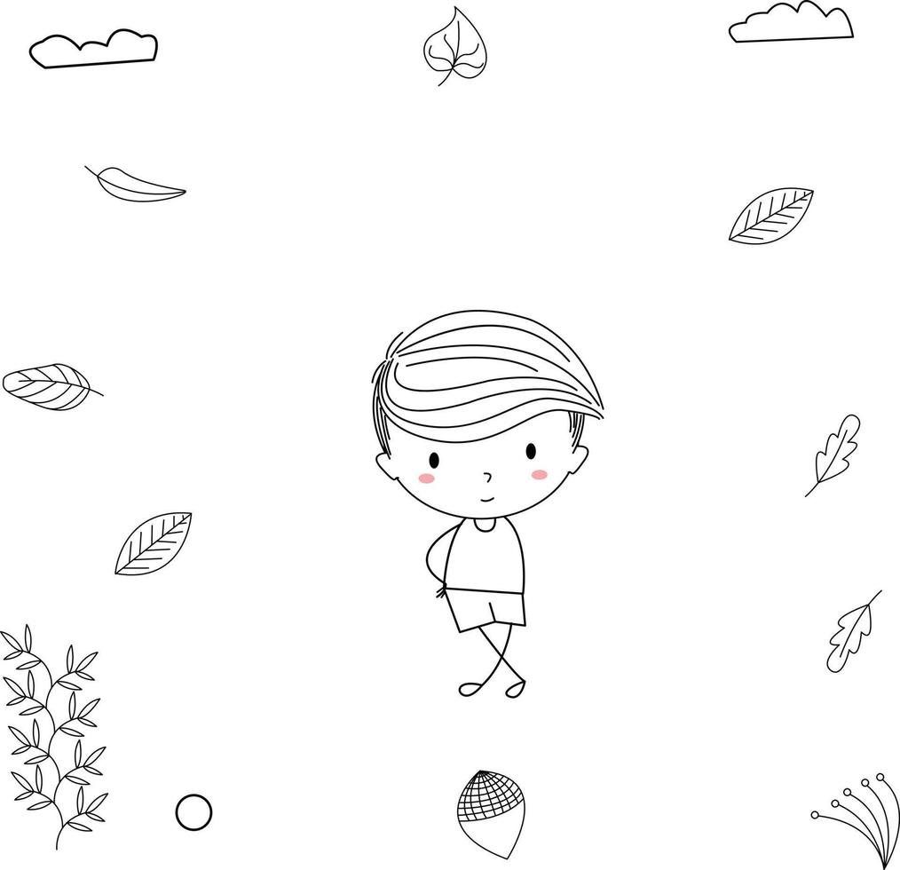 simple and cute kid illustration in line art style posing casually vector
