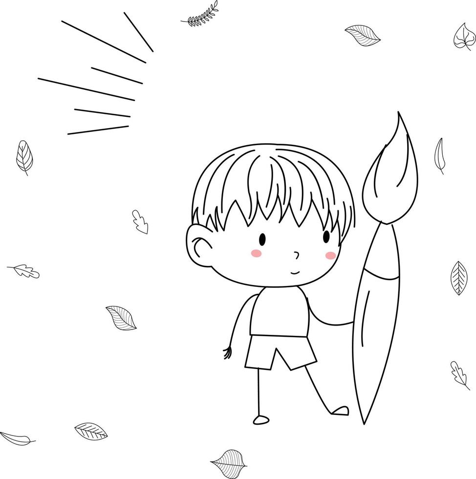simple and cute illustration of a child in line art style holding a paintbrush vector
