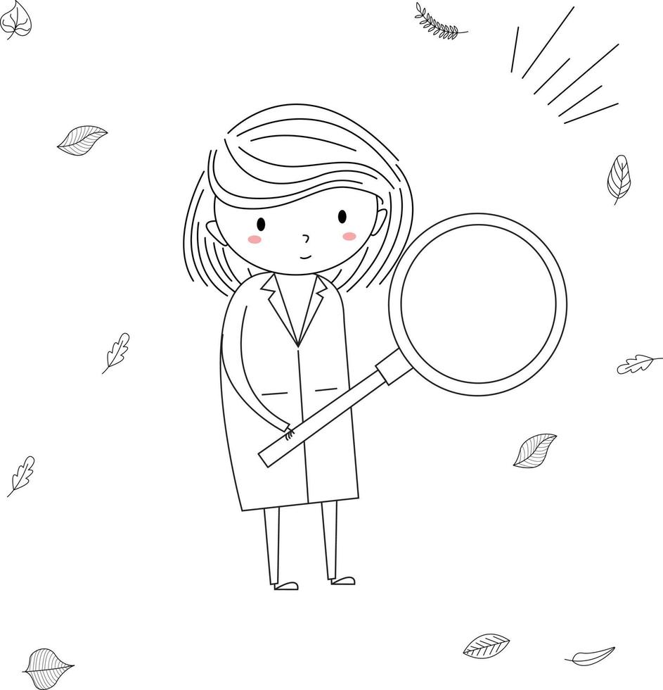 simple and cute illustration of a child in line art style carrying a magnifying glass vector