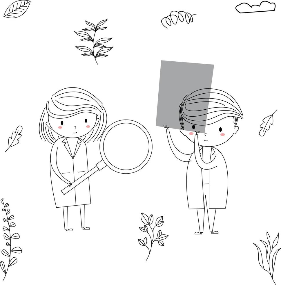 simple and cute illustration of a child in line art style holding a magnifying glass and reading a lap vector
