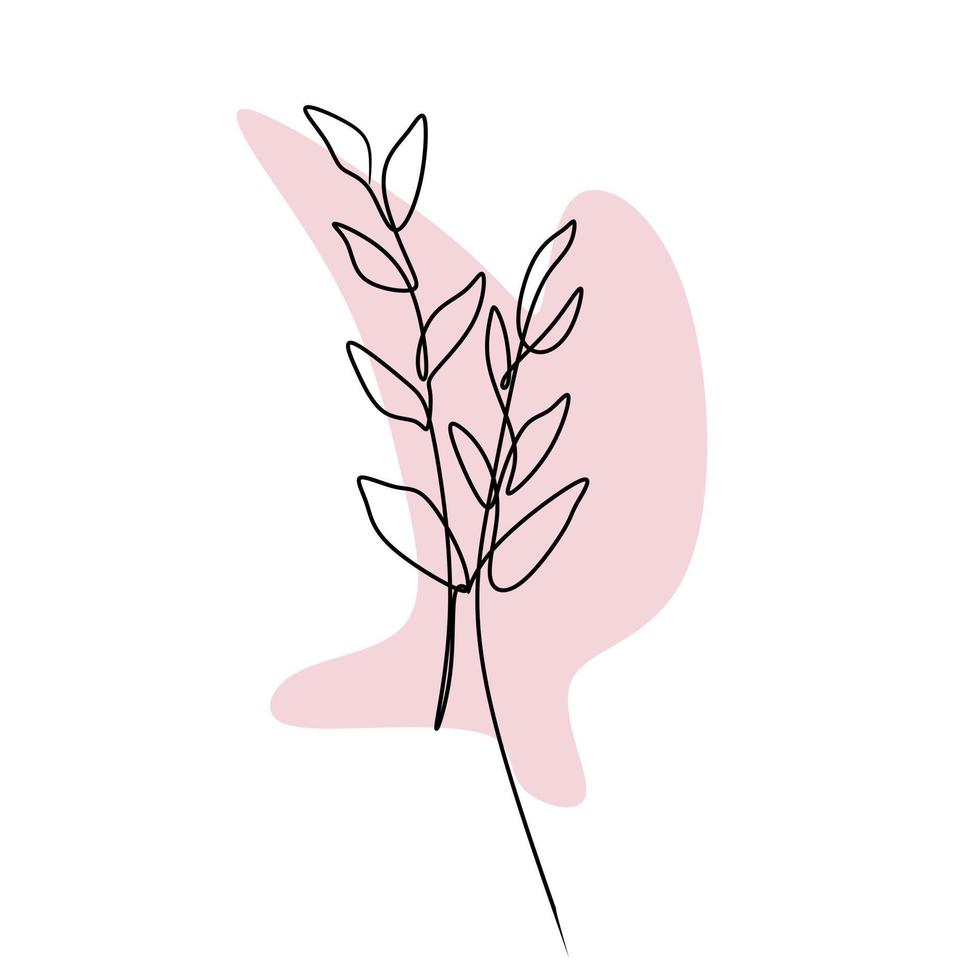 Minimalist hand drawn botanical branch with leaves and flowers. Continuous one simple single line drawing Vector illustration.