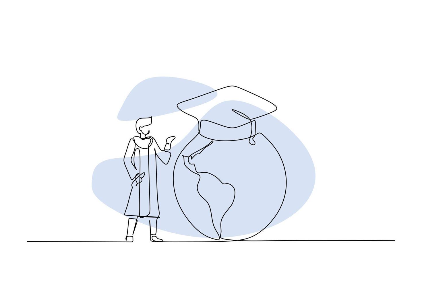 Continuous one line drawing of a graduate student with a globe. Vector illustration