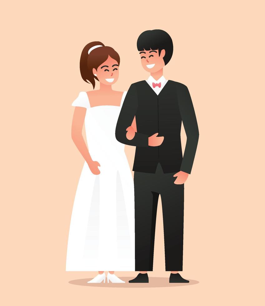 novia en blanco vestir y novio en traje. Pareja Boda vector ilustración