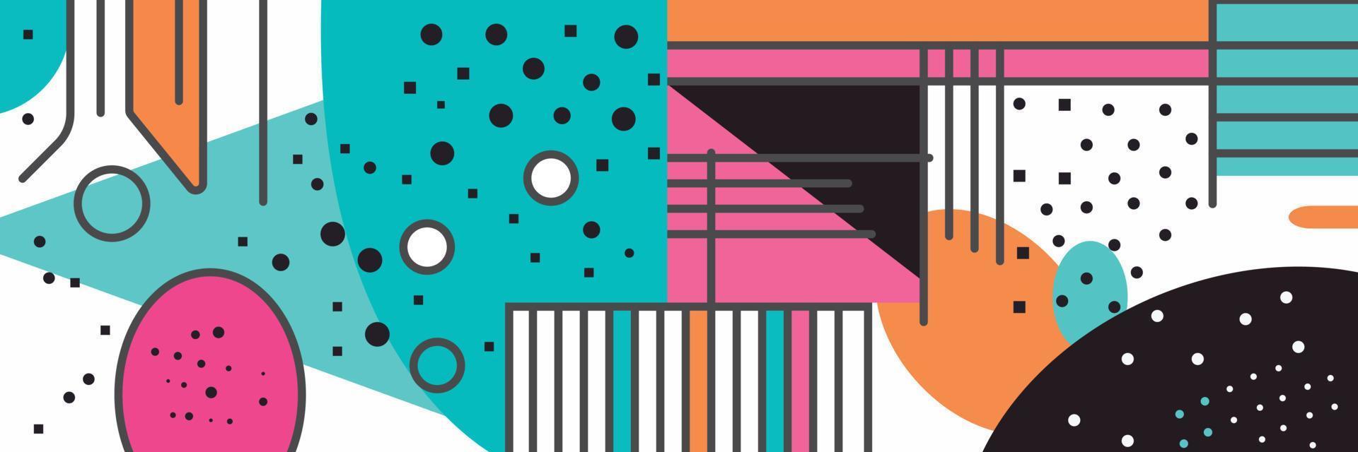 modern abstract vector banners. Flat geometric shapes of different colors with black outline in memphis design style. Template ready for use in web or print design