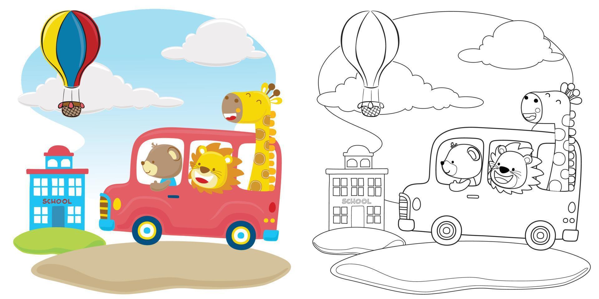 Vector cartoon of funny animals on red bus going to school, coloring book or page