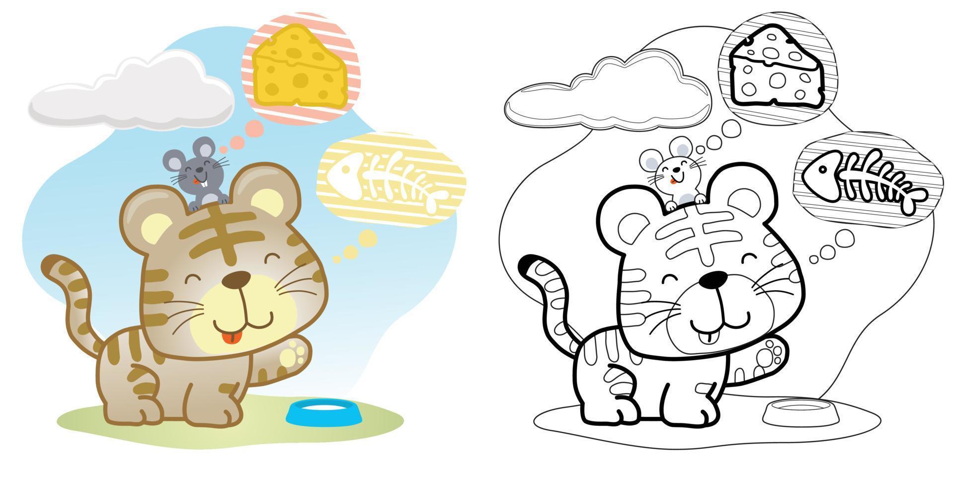 Vector cartoon of funny kitten and mice thinking of foods, coloring book or page