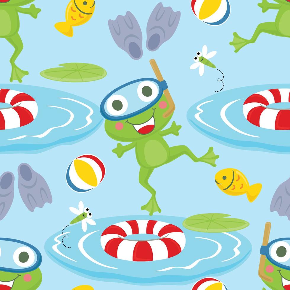 Seamless pattern vector of frog wearing diving goggles, swimming elements illustration, swamp animals cartoon