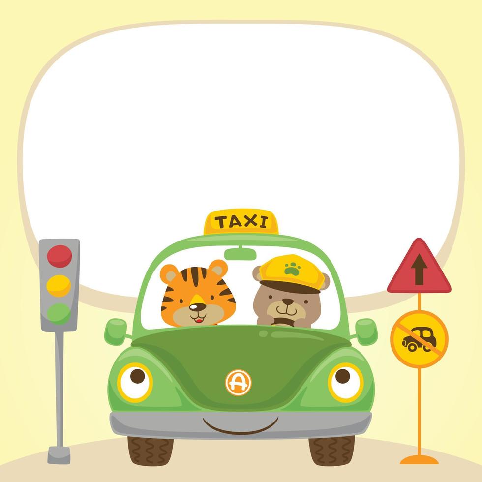 Vector cartoon of bear and tiger on car with traffic signs, text template for invitation card