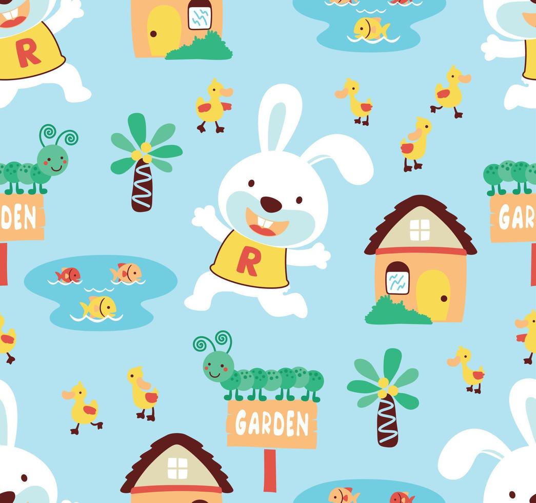 Seamless pattern vector of bunny cartoon with little friends, trees and house, pet elements cartoon