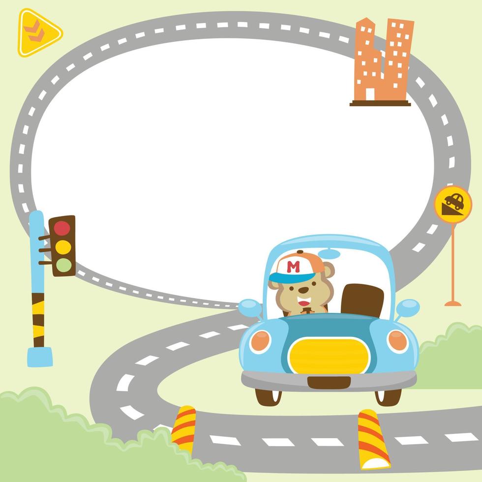 Vector of traffic elements cartoon with a monkey driving car, frame border text template