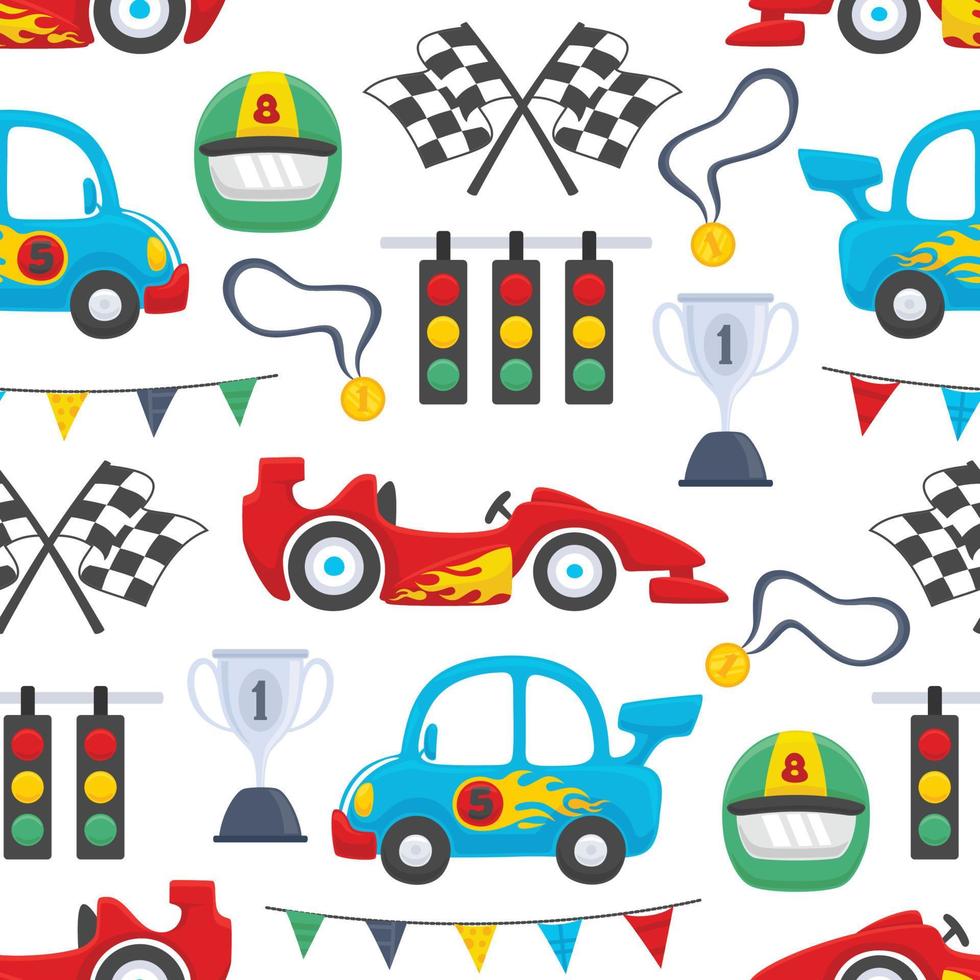 Seamless pattern vector of car racing elements cartoon