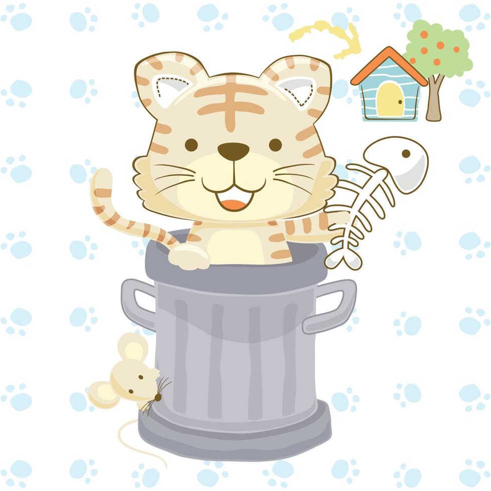 Vector cartoon of funny cat holding fish bone with mice in trash can, little house with tree on animals trail background