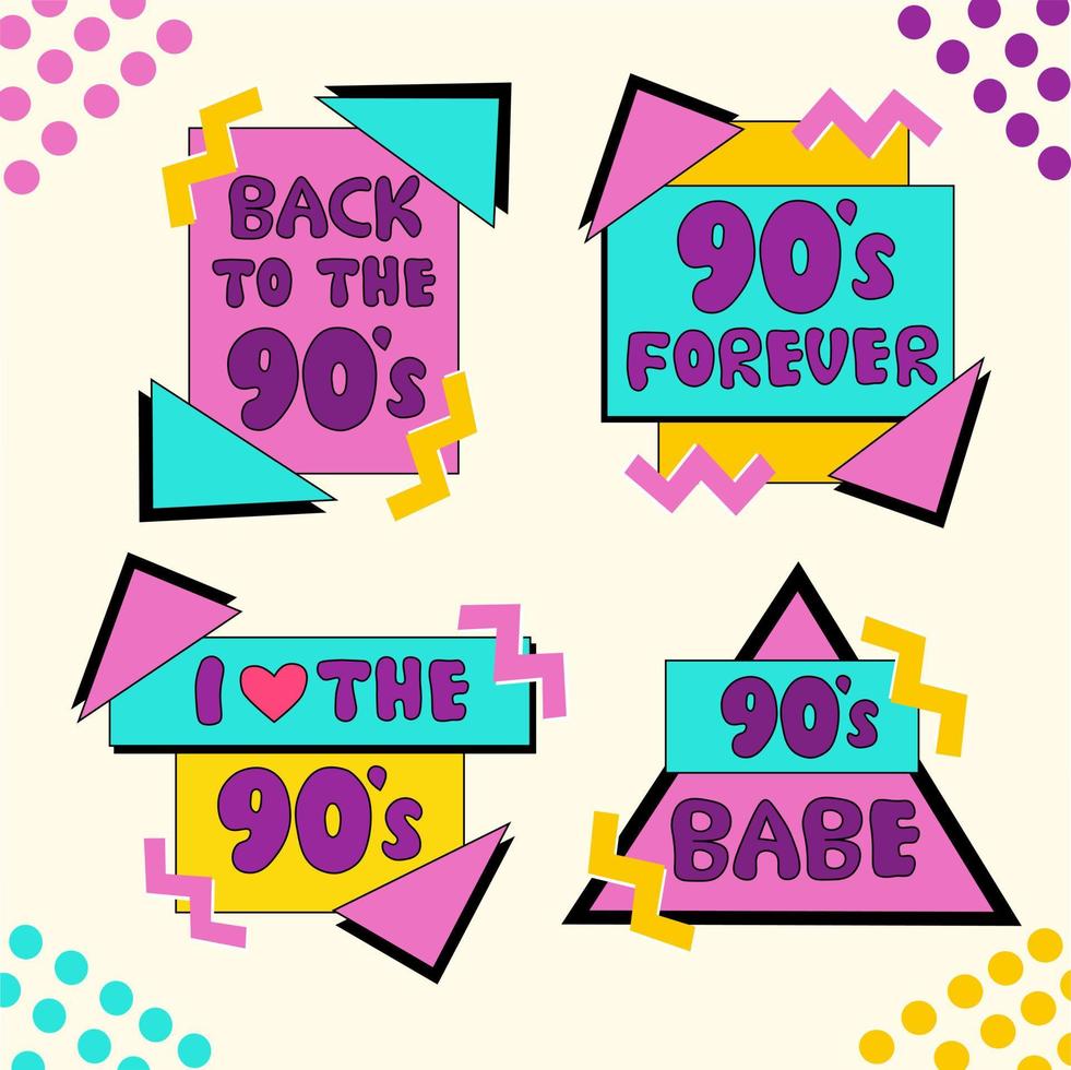 Set of emblems, stickers, logo and labels of the 90s. Back to 90s. I love the 90. Forever Young. 90s style label lettering, abstract geometric shapes. Vector illustration retro