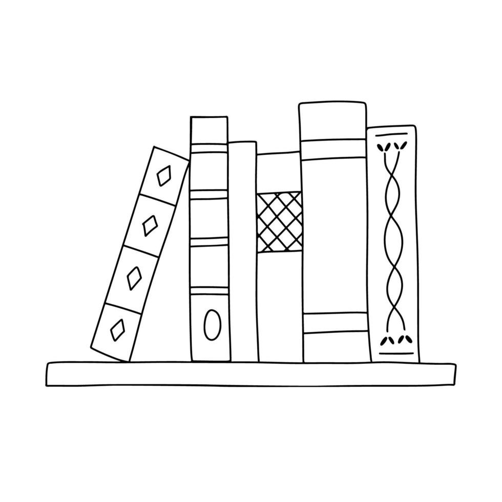 Vector line books stack on bookshelf. Outline doodle illustration isolated on white