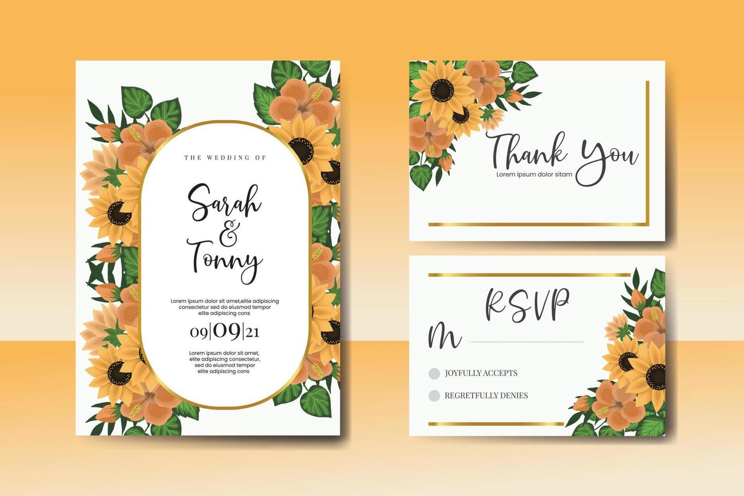 Wedding invitation frame set, floral watercolor Digital hand drawn Sunflower design Invitation Card Template vector