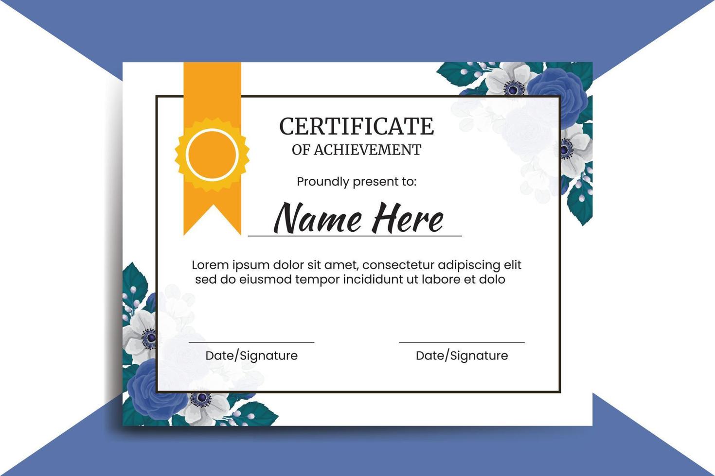 Certificate Template Blue Rose Flower watercolor Digital hand drawn vector