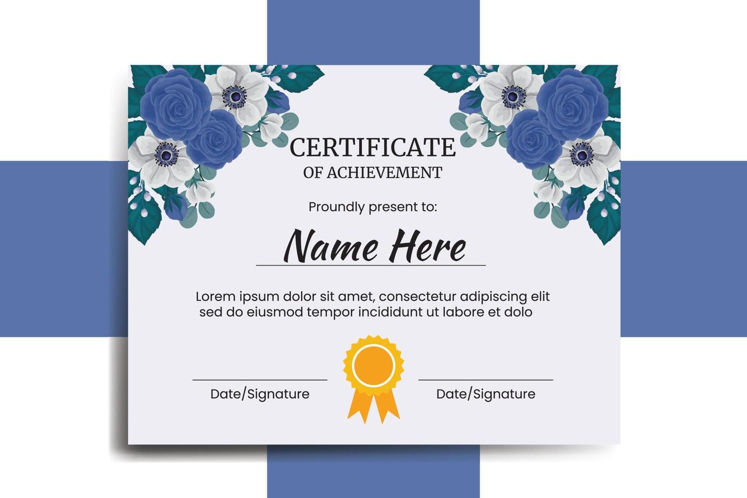 Certificate Template Blue Rose Flower watercolor Digital hand drawn vector