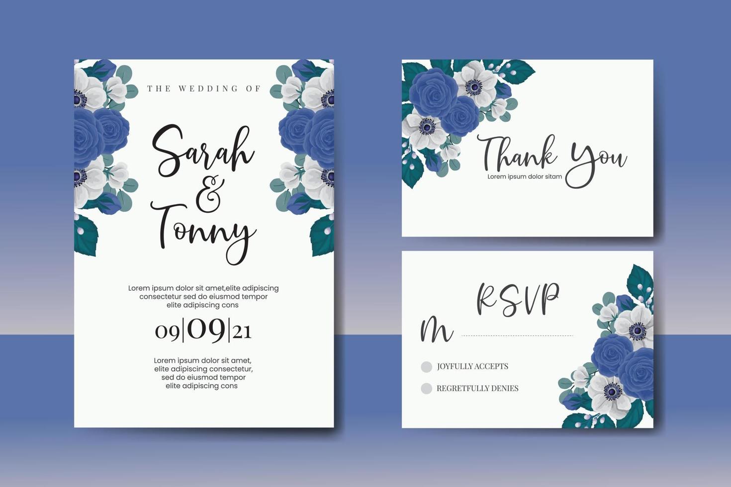 Wedding invitation frame set, floral watercolor Digital hand drawn Blue Rose flower design Invitation Card Template vector
