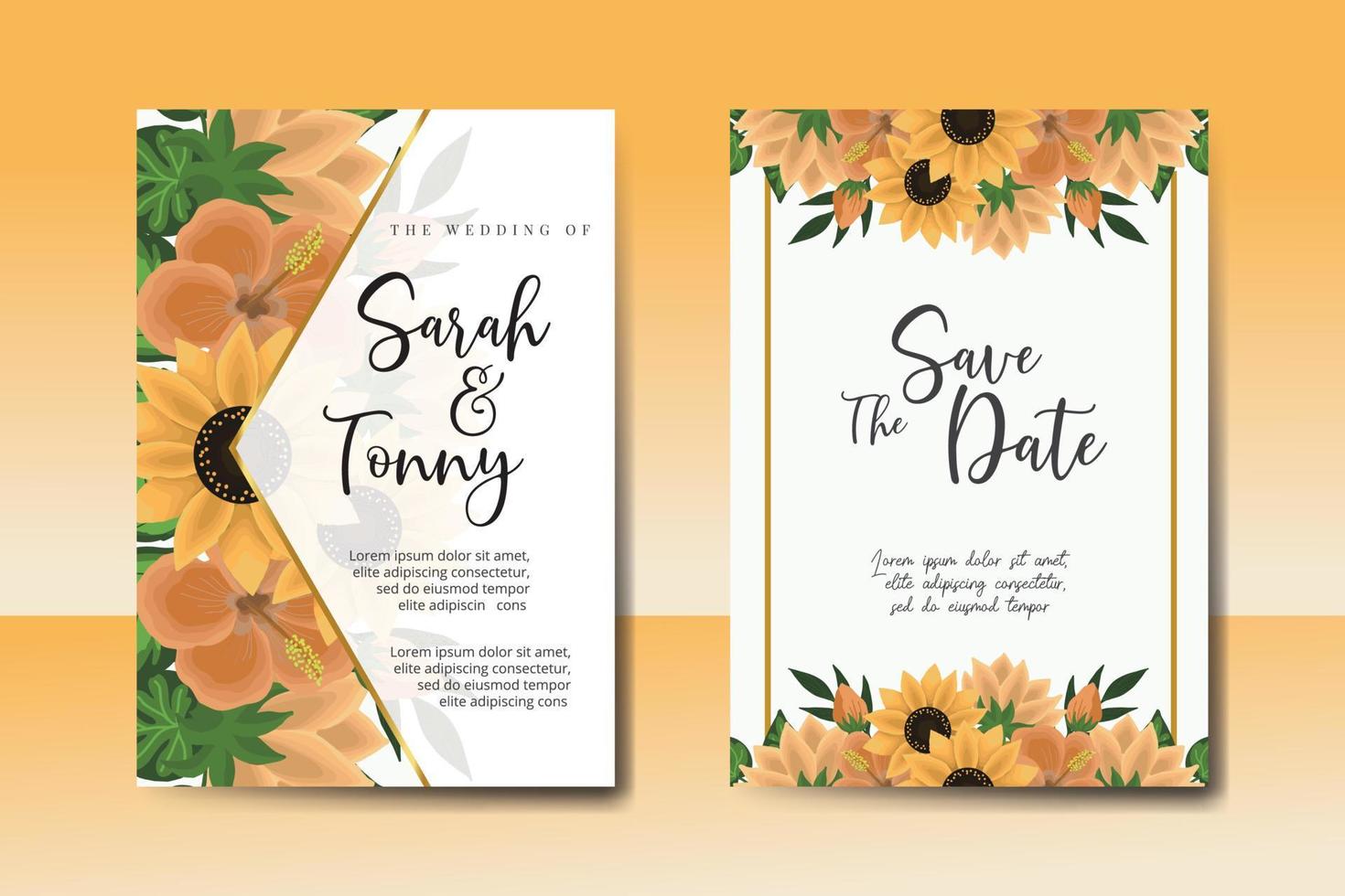 Wedding invitation frame set, floral watercolor Digital hand drawn Sunflower design Invitation Card Template vector