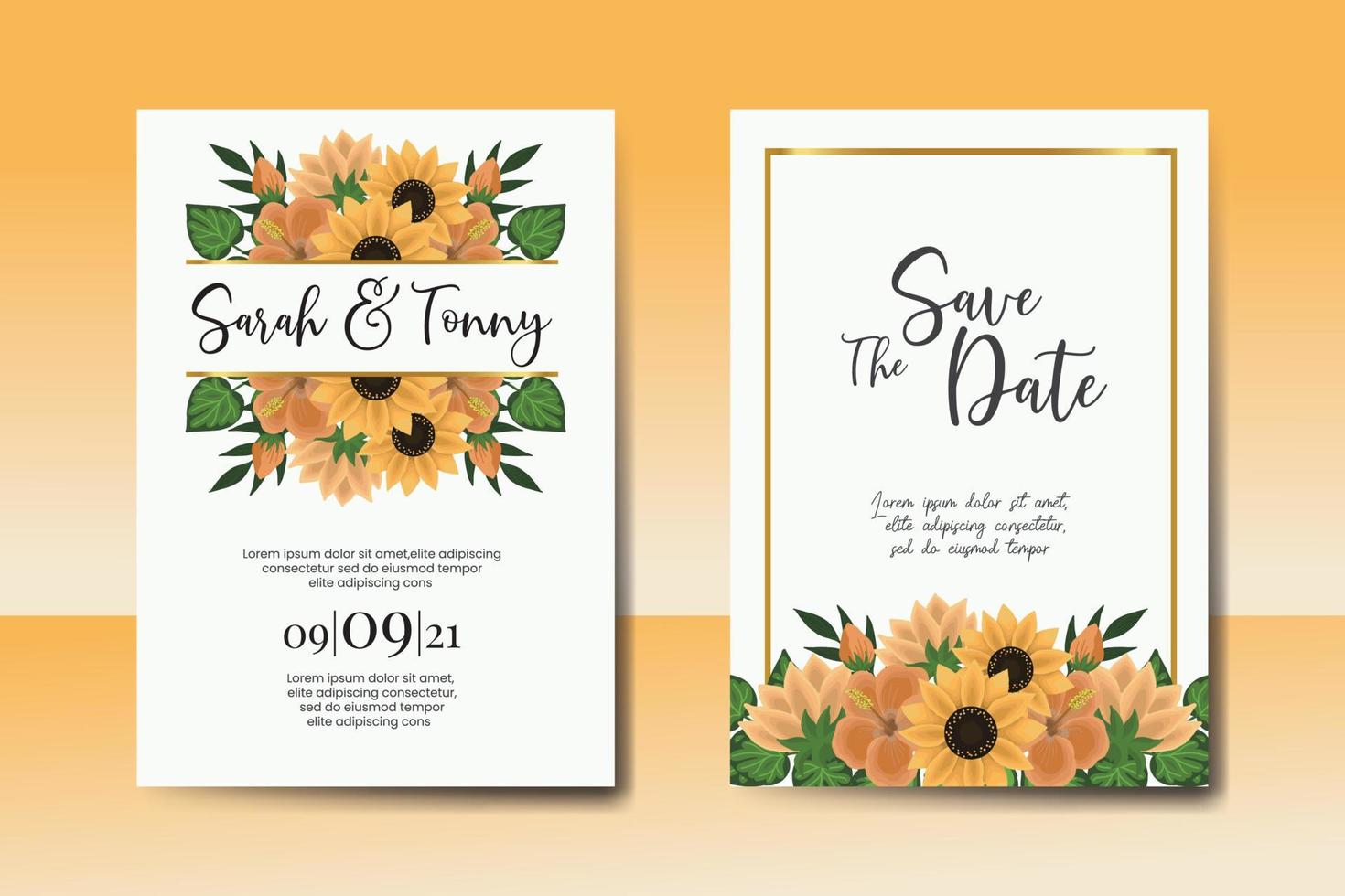 Wedding invitation frame set, floral watercolor Digital hand drawn Sunflower design Invitation Card Template vector