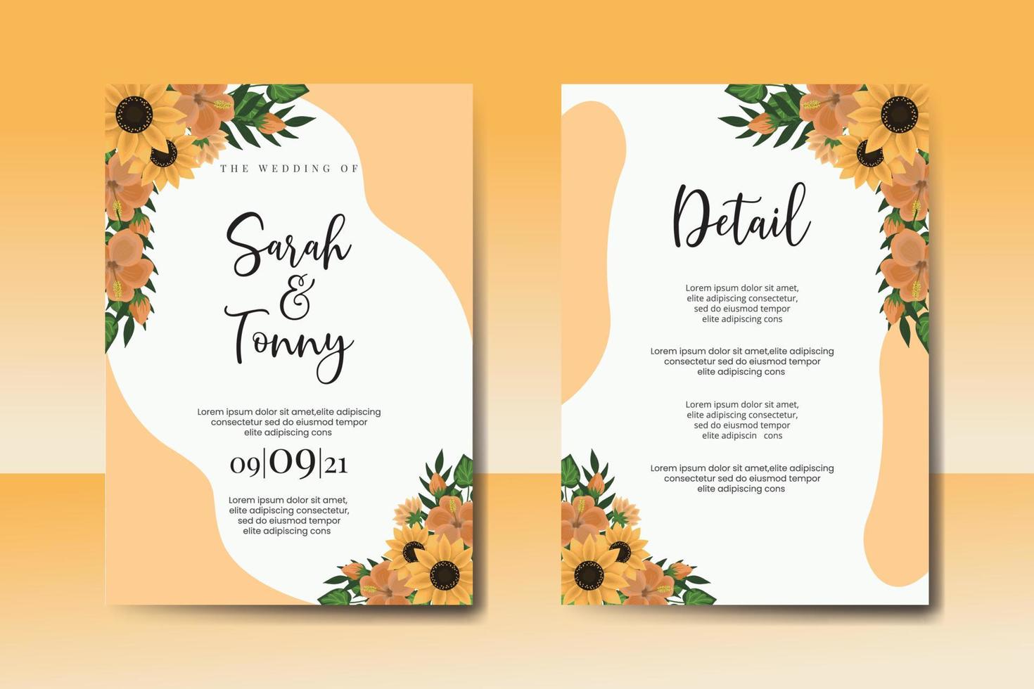 Wedding invitation frame set, floral watercolor Digital hand drawn Sunflower design Invitation Card Template vector