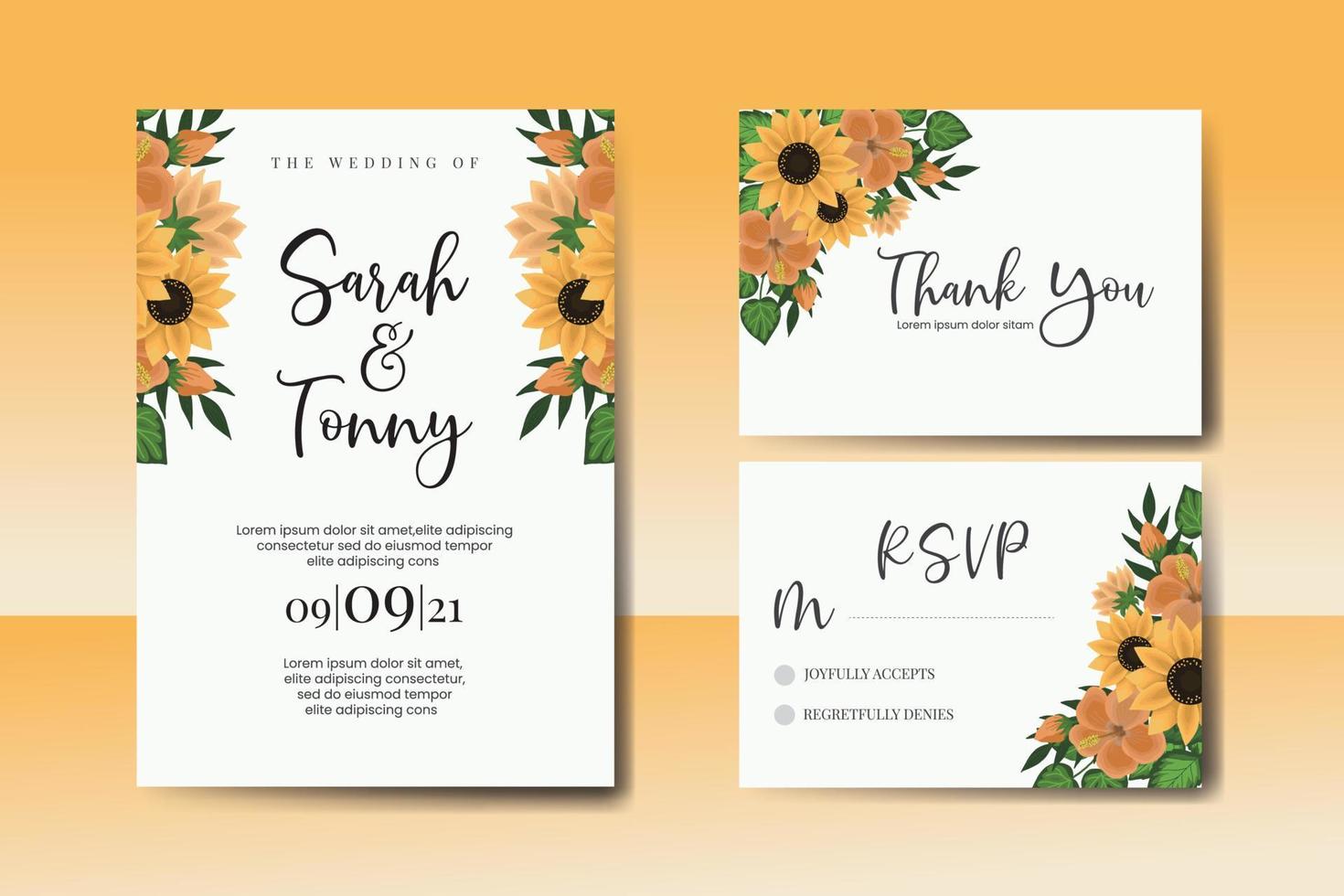 Wedding invitation frame set, floral watercolor Digital hand drawn Sunflower design Invitation Card Template vector