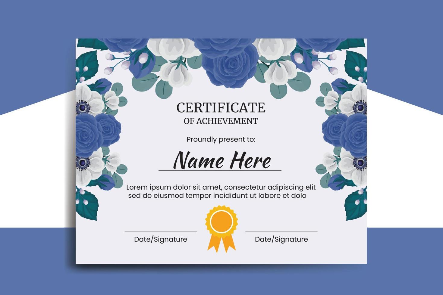 Certificate Template Blue Rose Flower watercolor Digital hand drawn vector